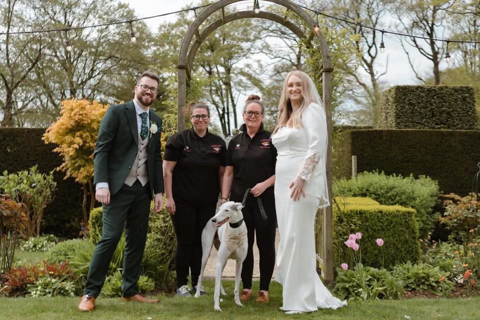 Jaime Goodchild and the Tresmeer team standing under a floral garden arch with a white whippet on the lead, alongside the bride and groom on their wedding day